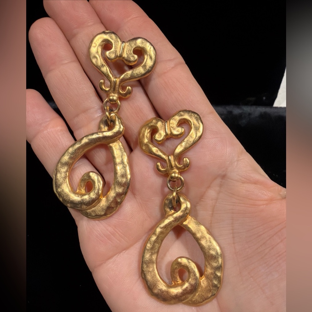 Statement Vintage Oversized Brushed Goldtone Dangling Large Scroll Earrings